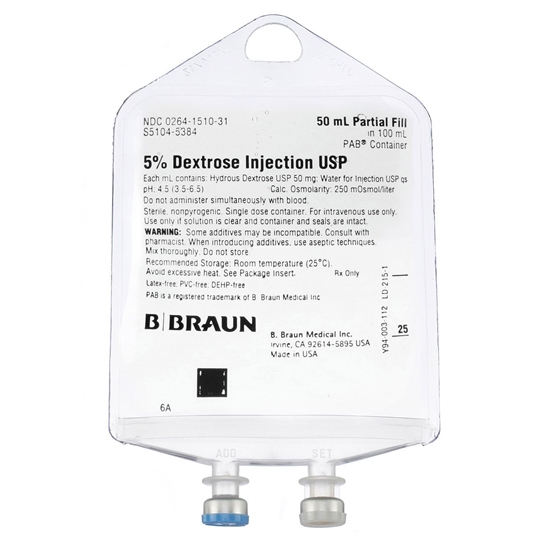 5% Dextrose IV Solution Injection, 50mL in 100mL PAB® Partial Additive Bag, Latex/PVC/DEPH-free, 84/Case (Expiring Soon)